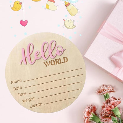 Baby Announcement Sign, 5.9 Inch Wooden Hello World Newborn Signs, Birth Announcement Sign, Baby Shower Hospital Nursery for Newborn Boys and Girls (Pink,Pen)