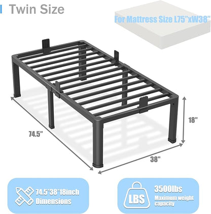 18 inch Twin Bed Frame with Round Corner Legs Mattress Slide Stopper,3500 lbs Heavy Duty Metal Platform,No Box Spring Needed,Steel Slat Support,Easy Assembly,Noise Free
