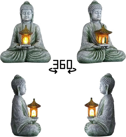 Buddha Garden Statue with Solar Light, Resin Zen Decor for Outdoor Patio or Indoor Meditation, Spiritual Gift for Women and Friends (Grey Pavilion)