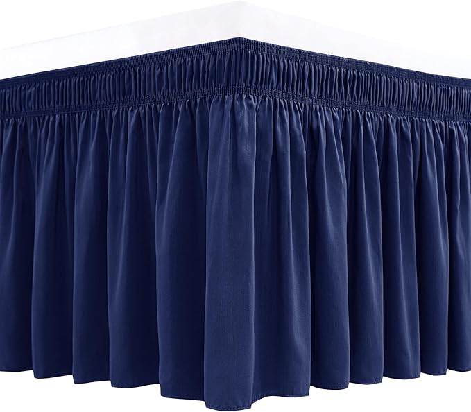 Biscaynebay Wrap Around Bed Skirts for Queen Beds 15" Drop, Navy Adjustable Elastic Dust Ruffles Easy Fit Wrinkle & Fade Resistant Silky Luxurious Fabric Machine Washable