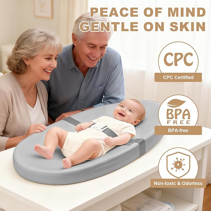 Baby Changing Pad for Dresser, with Wipeable Waterproof PU Cover, Contoured Diaper Changing Pad with Non-Slip Safety Belt, Portable Lightweight Changing Mat with Cushioned Foam, Grey