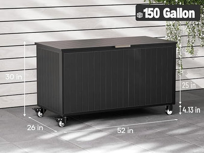 Outdoor Storage Box with Wheels 150 Gallon, Metal Deck Boxes Waterproof, UV Resistant Patio Storage Box with Lid for Patio Furniture, Garden Tools (Black)