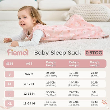 Baby Sleep Sack 18-24 months, 100% Cotton Sleeping Sack for Newborn and Infant, 3 Pack Baby Wearable Blanket for Boy and Girl, 0.5 Tog Lightweight Double Zipper Sleep Bag Pink Orange Flower