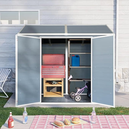 8x4 FT Outdoor Storage Shed,Garden Shed with Floor & 2 Windows,All Weather Waterproof Tool House W/Air Vent,Sloped Roof & Lockable Double Door,for Patio,Yard,Lawn,Grey