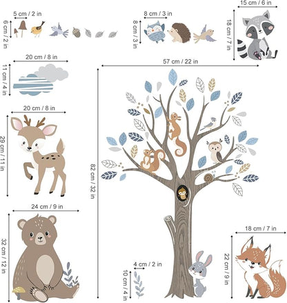 decalmile Boho Forest Animal Tree Wall Decals Bear Deer Fox Woodland Wall Stickers Baby Nursery Kids Bedroom Daycare Wall Decor