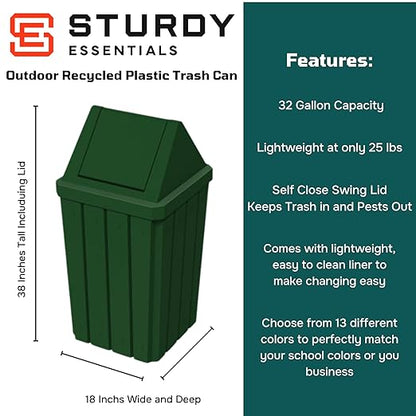 32 Gallon Square Slatted 100% Recycled Plastic Heavy Duty Outdoor Commercial Trash Can with Swing Top Lid | Great for Schools and Businesses - Green Granite