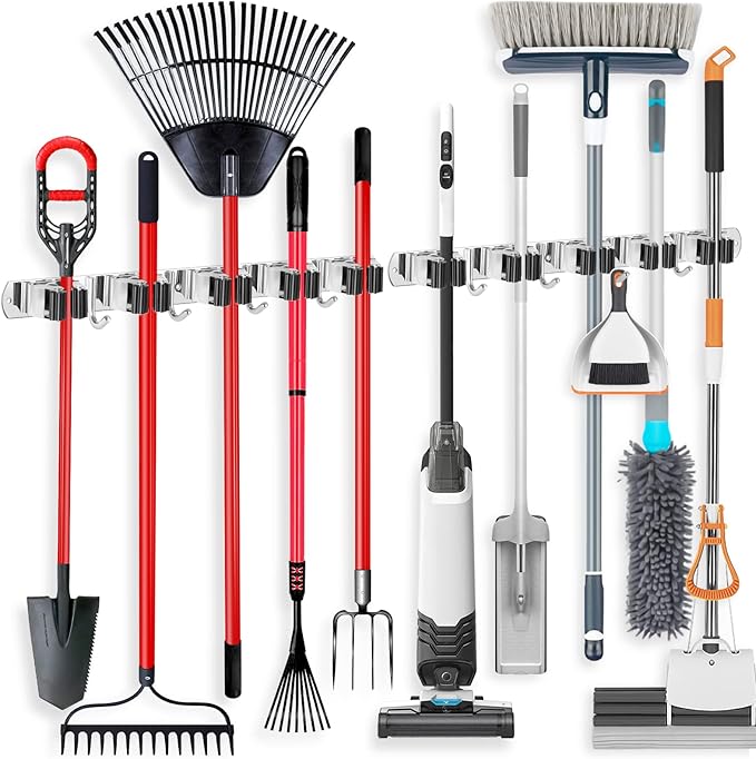 IMILLET 2 Pack Wall Mount Broom Holder Stainless Steel 5 Racks with 4 Hooks Broom Organizer Self Adhesive Heavy Duty Laundry Room, Garage Organization Storage
