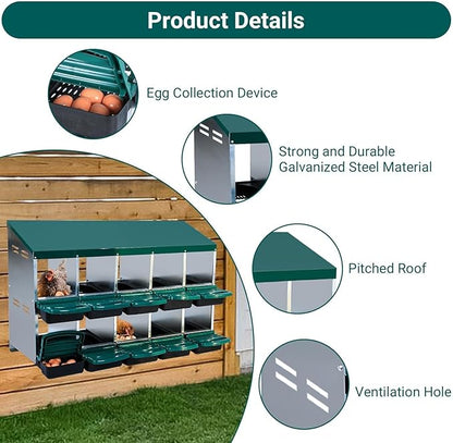 Chicken Nesting Box,Roll Away Eggs Laying Boxes,Large Bedding for Hens Birds Duck Coop Poultry Habitat Supplies,10 Compartments,Cleanable Pull Out Hen Roosting Boxes