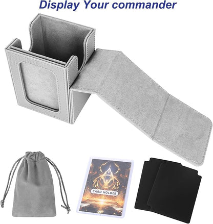 AFIING MTG Deck Box for Commander Display,Card Deck Box Fits 100 Double Sleeved Cards, Magic Commander TCG Card Storage Box with 2 Dividers,Drawstring Bag and 1 Toploader(Silver/grey)