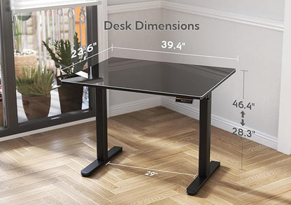 Claiks Glass Standing Desk, 40x24 Inch Small Stand Up Desk Electric Adjustable Height Quick Install Computer Desk for Home Office, Black