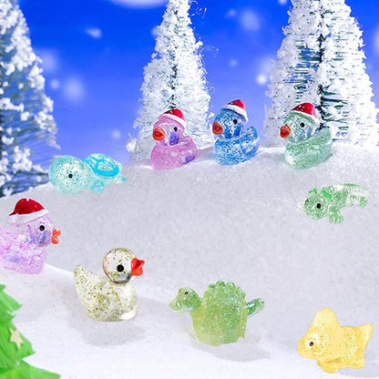 Mini Glitter Ducks 200 Pcs Tiny Duck Figures Luminous Resin Dinosaur Turtle Frog Axolotls to Hide Plastic Animal for DIY Garden Miniatures Fairy Garden Accessories (8 Styles)