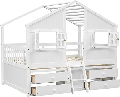 Harper & Bright Designs Full Size House Loft Bed with 4 Storage Drawers, Low House Montessori Bed with Roof and Windows, Safety Guardrails for Kids, Girls, Boys, White