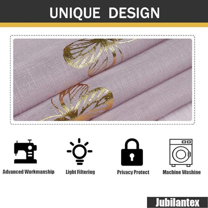 Jubilantex lila Sheer Curtain with Gold Butterfly Pattern for Kids Room, Linen Textured Rustic Metallic Print 95 Inch Rod Pocket Window Drapes for Girls Bedroom Living Room, 2 Panels
