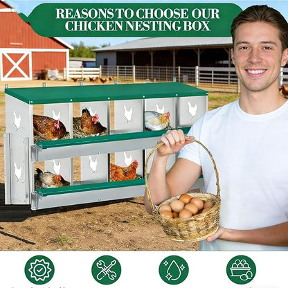 Garvee Large Metal Chicken Nesting Boxes for Hens, 10 Compartment Galvanized Steel Nesting Box, Includes 4 Fake Eggs & 10 Soft Nest Pads, Wall Mount or Freestanding for Coop & Farm