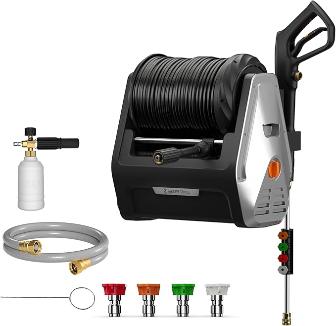 Giraffe Tools Wall Mounted Pressure Washer Essential with Upgraded 1800W Motor, Max 2900 PSI, 2.2 GPM Electric Power Washer with 100ft Retractable Pressure Hose, Automatic Rewind, Any Length Lock