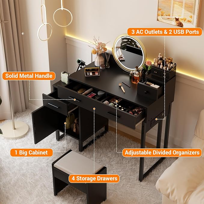 Vanity Desk with 4 Storage Drawers - Modern Makeup Vanity Table with Charging Station, Black Vanity Desk with Reversible Cabinet Dressing Table Set with Divided Organizers for Women Girls, Black