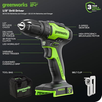 Greenworks 48V (2x24V) 17" Brushless Mower+12" String Trimmer+320CFM Blower+310 in./lbs Drill Driver, (2) 4.0Ah Batteries and (2) 2.0Ah Batteries, 2A Dual Port Charger