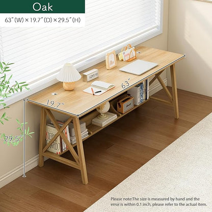 Extra Long Desk with Bookshelf - Wooden Home Office Work Study Table, 2-Person Writing Computer Workstation with Storage Shelf in Oak, 63" Wx20 Dx30 H
