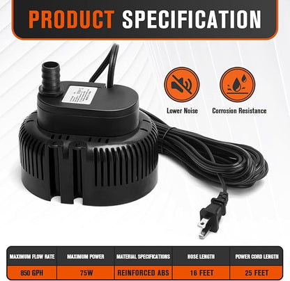 Sump Pump,Pool Cover Pump above Ground,submersible water pump Swimming Water Removal Pumps,for Swimming Pool Basement Garden Pond Tubs Draining,75W,Max Flow:850GPH,3 Adapters,25 Ft Power Cord (Black)