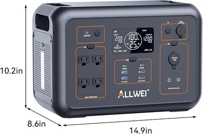 ALLWEI LiFePO4 Portable Power Station 1200W, 1008Wh LiFePO4 Battery, UPS Function, 1.5Hrs Fast Charge, 4 AC Outlets(Peak 2400W), Solar Generator for Outdoor Camping RVs CPAP Home Emergency