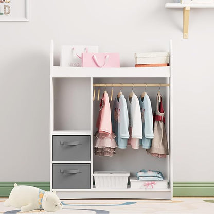 Kids Dress Up Storage Rack Mirror Wood Child Wardrobe 2 Hooks 2 Fabric Bins Toddler Closet Girls Boys Open Hanging Armoire Storage Shelf Coat Costume Hat Shoe (Cloud+White+Two Drawers)