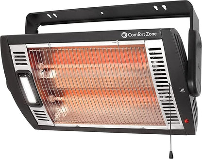 Comfort Zone 1500W Ceiling Mounted Dual Quartz Radiant Heater – Infrared Workshop Heater with 90° Adjustable Tilt, Built-in Halogen Light & Pull String Control – Overheat Protection, Black