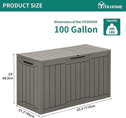 YITAHOME 100 Gallon Outdoor Storage Box, Large Water Resistant Resin Deck Box, Indoor Outdoor Lockable Storage Container for Patio, Garden, Cushions, Tools, Equipment (Taupe)