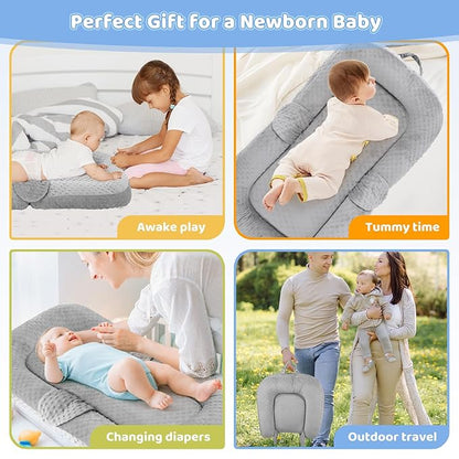 Baby Lounger Pillow- Portable Baby Lounger for Newborn, 0-24 Months,3-in-1 Baby Nest for Home and Travel, Foldable & Soft, CPC Certification Newborn Babies Essentials Gifts, Grey