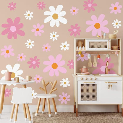TaoBary 12 Sheets Daisy Wall Decal Flower Wall Sticker Cute Daisy Sticker Pink White Flower Decal Peel and Stick Floral Wallpaper for Nursery Bedroom Home Decor(Pink Color,Vibrant Style)
