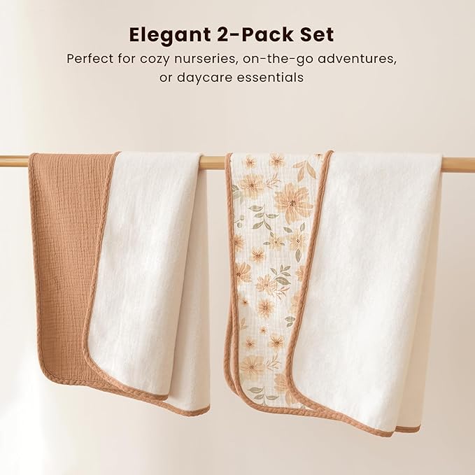 Konssy 2 Pack Waterproof Muslin Cotton Portable Changing Pad 30"x 17", Soft & Foldable Baby Changing Mat Travel Pad with Terry Backing, Shower Gift for Newborn Girls Boys (Toffee,Flourish)
