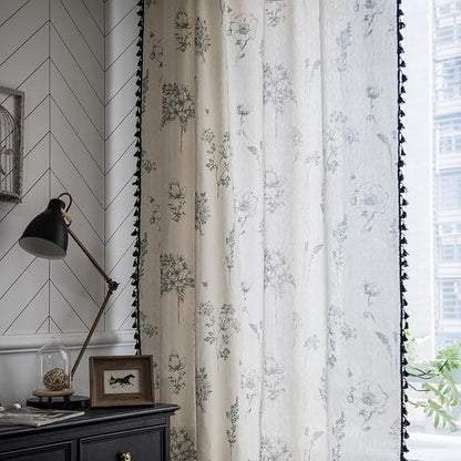 Boho Curtains 96 Inch Length 2 Panels Farmhouse Living Room Semi Sheer Drapes Vintage Floral Tassel Window Curtain Panel Bedroom Grey and Off White Cotton Linen Blend Rod Pocket Window Treatment