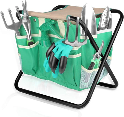 Kitness 9 PCS All-in-One Garden Tools Set, Heavy-Duty Cast-Aluminum Gardening Kit with Folding Stool Seat and Detachable Canvas Tool Bag, Durable Hand Tools Gift Set for Gardening Lovers