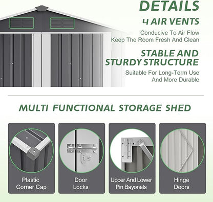 4×6 Ft Metal Outdoor Storage Shed with Floor Base, 0.25mm Galvanized Steel Metal Garden Shed Waterproof with Lockable Door for Backyard, Patio, Garden, Dark Grey