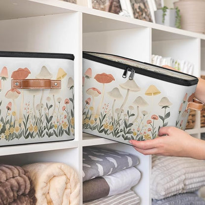 Mushroom Botanical Flower Plants Storage Bins With Lids Fabric Collapsible Storage Box with Leather Handles for Home Bedroom Foldable Closet Shelf Organizer