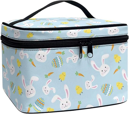 Rabbit Chicken Easter Eggs Carrot Print Travel Makeup Bags for Women Portable Tote Cosmetic Case with Carry Handle Toiletry Accessories Storage Organizer Bags Blue