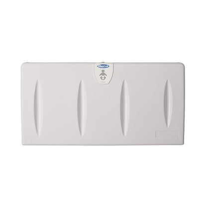 SafetyCraft Horizontal Wall-Mounted Baby Diaper Changing Station - Easy to Clean, High-Density Polyethylene w/Heavy Duty Steel Hinge - Built-in Liner Dispenser for Hooking Purse or Bag, Light Gray