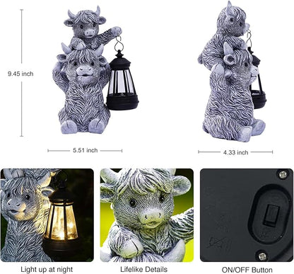 Goodeco 9.5 Inch Highland Cow with Solar Lantern – Resin Garden Decor, Outdoor Statue & Unique Highland Cow Gifts (Gray)