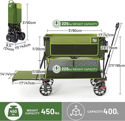 TIMBER RIDGE 400L Large Capacity Folding Double Decker Wagon with Brakes, 54" Extra Long Extender Wagon Cart, 450lbs Heavy Duty Collapsible Cart, All-Terrain Big Wheels for Camping, Sports, Shopping