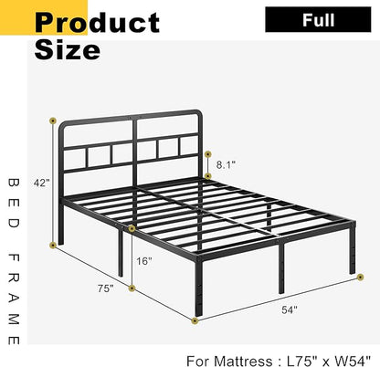 16 Inch Full Size Bed Frame with Headboard No Box Spring Needed, Heavy Duty Metal Platform with Steel Slat, Mattress Foundation, Easy Assembly, No Noise, Black