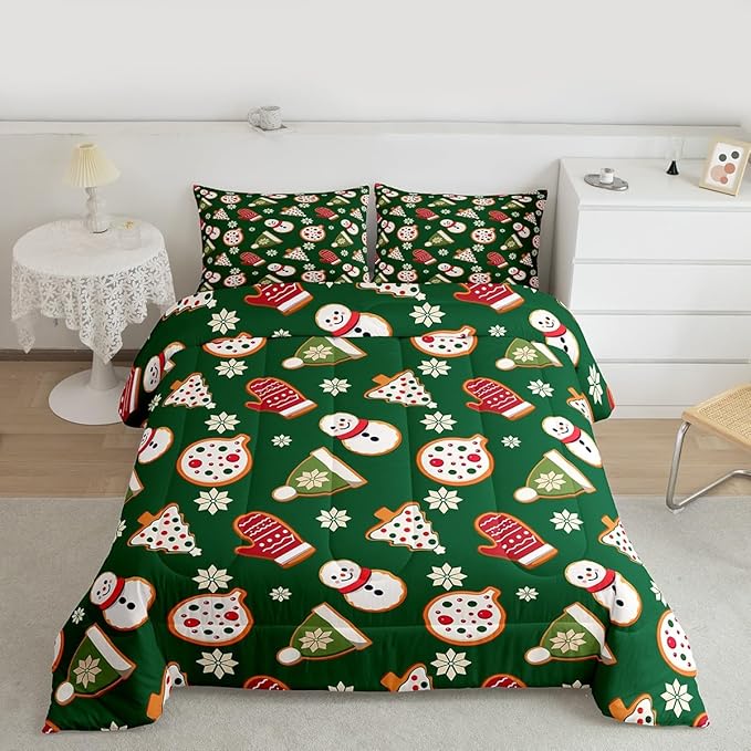 Feelyou Merry Christmas Comforter Set Queen Size Snowman Bedding Set for Kids Boys Girls Gloves Cookies Duvet Quilt Snowflake Bedroom Decor Microfiber 3 Pcs with 2 Pillow Cases