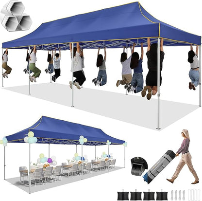 HOTEEL 10x30 Pop up Canopy Tent for Parties, Heavy Duty Easy Setup Tent Without Sidewalls, Outdoor Commercial Instant Gazebo, with Portable Bag, Dark Blue(Hexagonal Frame)