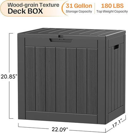 31 Gallon Deck Box, Small Outdoor Storage Box Waterproof, UV-Resistant and Weatherproof Outside Resin Storage Bin for Outdoor Patio Furniture Pillows, Pool Supplies, Garden Tools, Black
