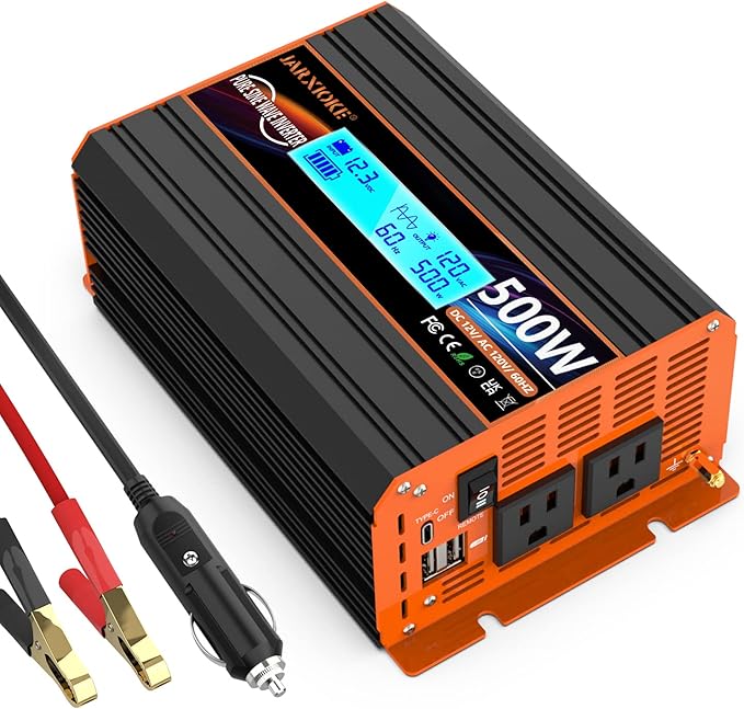 500 Watt Pure Sine Wave Power Inverter 12V DC to 110V 120V Converter for Home, RV and Off-Grid Solar Systems with Type-C Port, 2 AC Outlets, 2 USB Ports, LCD Display