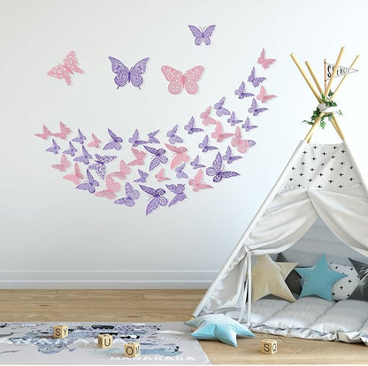3D Gold Butterfly Wall Decor 3 Sizes 4 Styles Butterfly Party Decorations Cake Decorations Removable Stickers Wall Decor Room Mural Metallic Kids (Purple+Pink, 96Pcs)