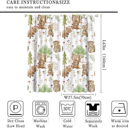 Forest Animal Curtains,Kids Home Bedroom Window Treatments, Cartoon Watercolor Bear Squirrel Woodland Animal Drapes 55x63in