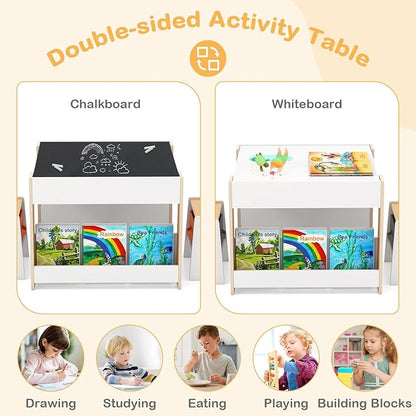 HONEY JOY Kids Table and Chairs, 4-in-1 Children Wooden Activity Set w/Double Bookshelves, Storage, Detachable Tabletop, for Art, Craft, Drawing, Reading, Gift for Toddlers 3-6 Years Old (Natural)