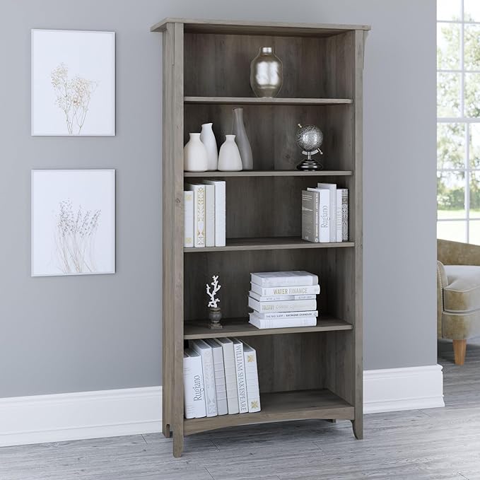 Bush Furniture Salinas 5 Shelf Bookcase in Driftwood Gray, Tall Bookshelf, Large Book Shelf for Living Room, Home Office, or Entryway