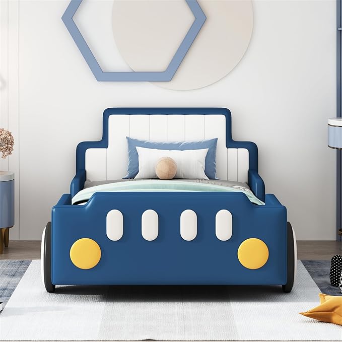 Merax Twin Race Car Platform Bed with Wheels,PU Leather Car Bed Frame for Boys Twin Size,Kids Bed Frame with Headboard,Fits Standard Twin Mattress(No Mattress)