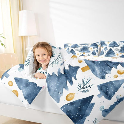 Feelyou Christmas Comforter Set All Season Xmas Tree Bedding Set with 2 Pillow Cases Watercolor Blue Microfiber Kids Full Bedclothes Snowflake Bedroom Decor Duvet Quilt Breathable Soft Lightweight