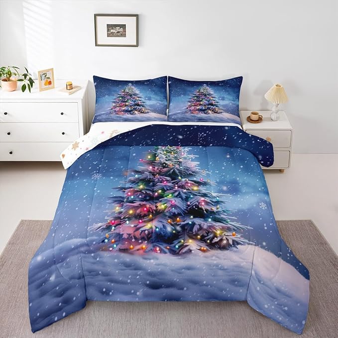 Feelyou Christmas Comforter Set All Season Xmas Tree Bedding Set with 2 Pillow Cases Colored Light Strips Microfiber Kids Full Bedclothes Snowflake Bedroom Decor Duvet Quilt Breathable Soft